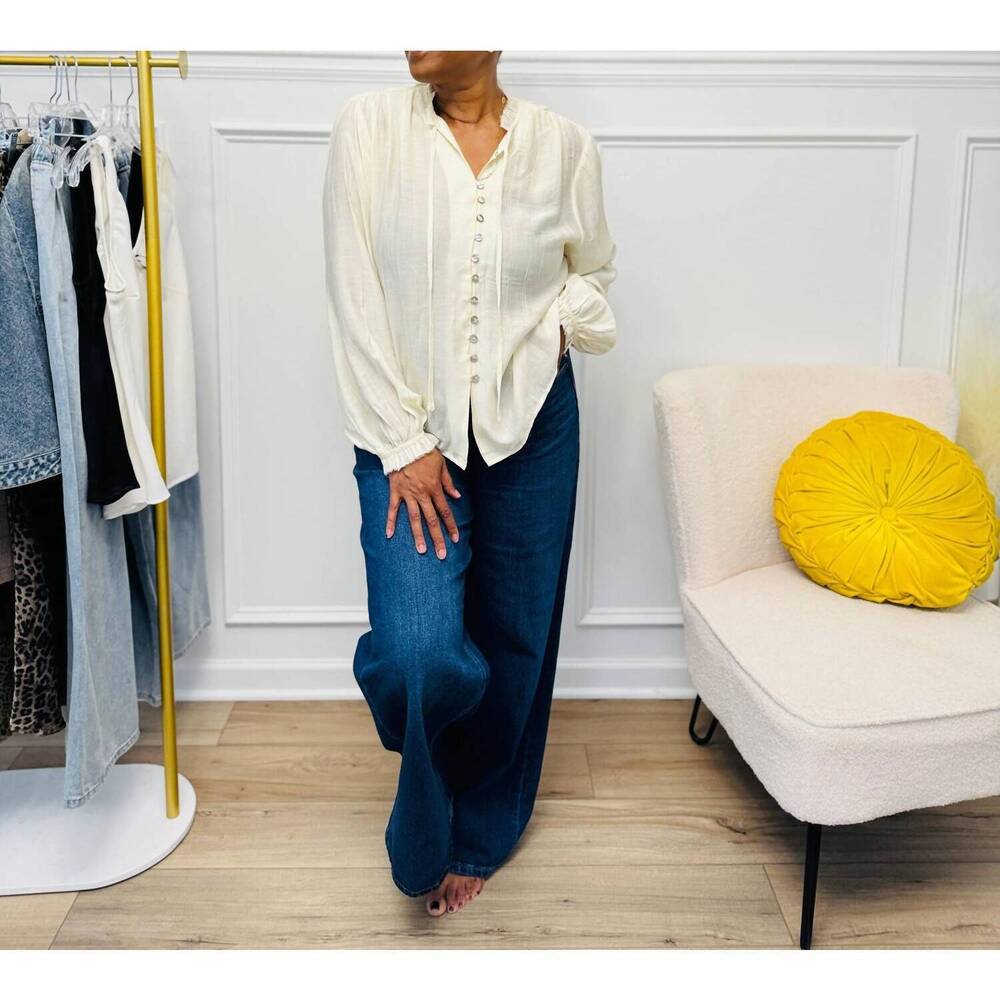 NEW HER BOTTARI button front tie neck blouse in ivory